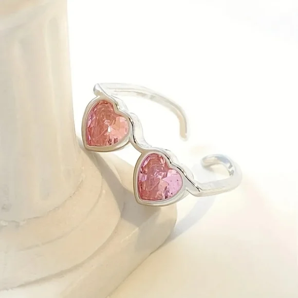 For @playboy_tammy Silver Heart Sunglasses Ring with Pink Gemstones - Picture 1 of 3